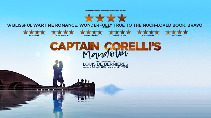 Silhouette of a man and women standing on a giant floating mandolin