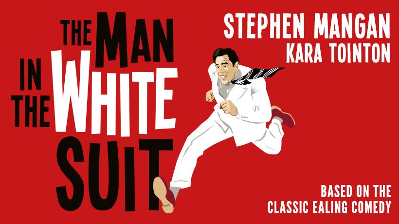 Title banner and cartoon of the lead character running in a white suit