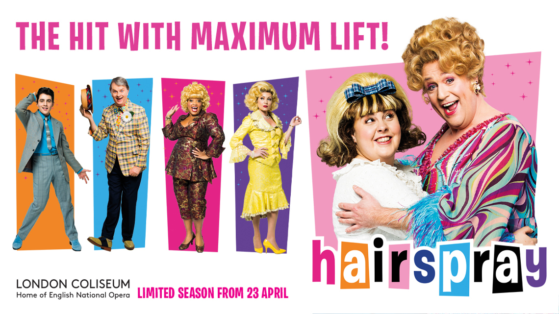 Hairspray title and Michael Ball spraying hairspray in his character Edna Turnblad's hair.