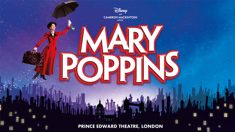 Mary Poppins floating with her umbrella over a london skyline