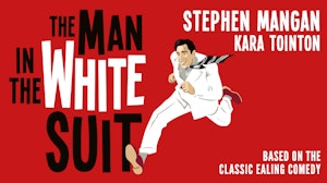 Title banner and cartoon of the lead character running in a white suit